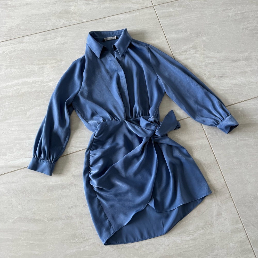 Zara Blue Satin Tie-Waist Mini Shirt Dress